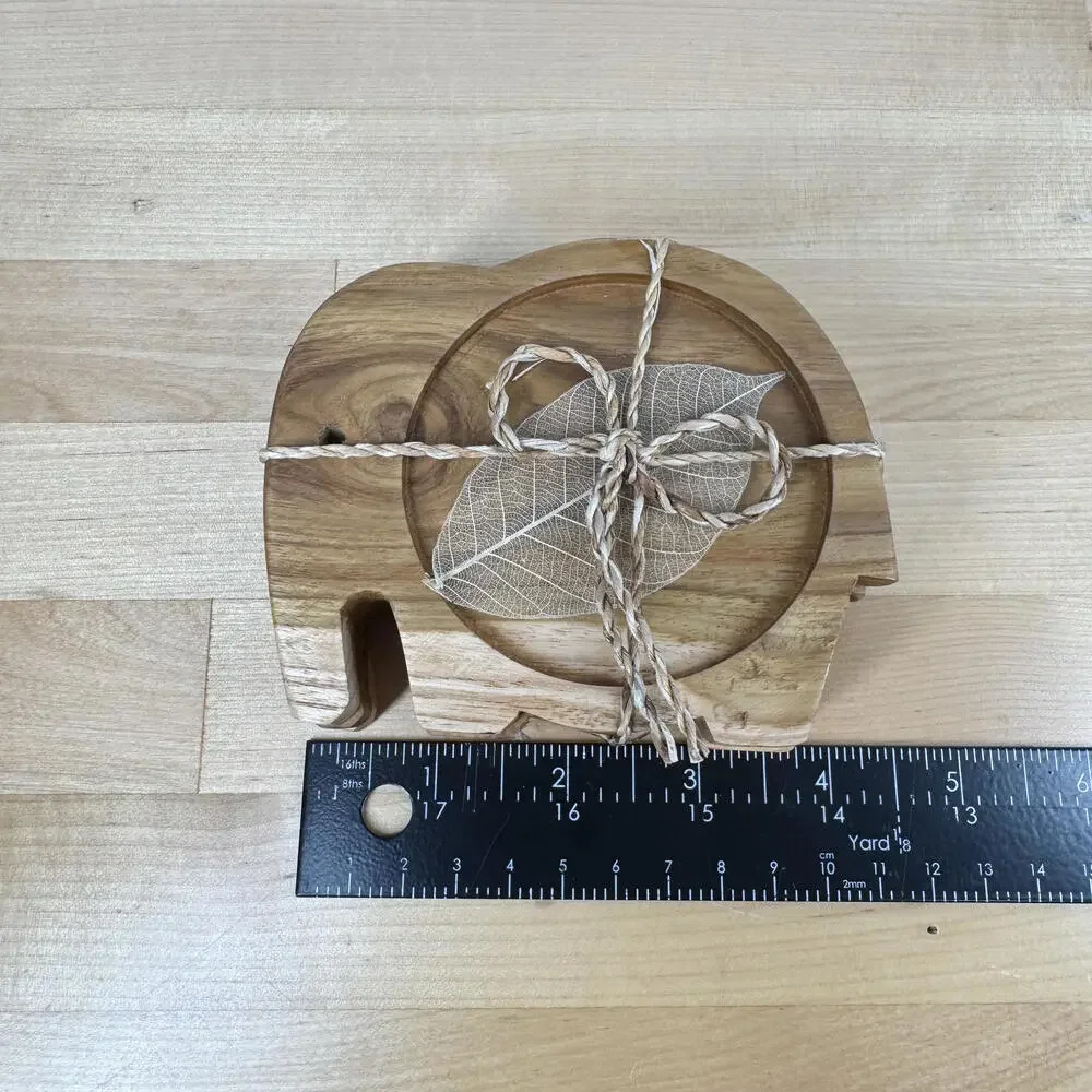 Wooden Elephant-Shaped Coaster Set of 3 Leave‎ Inlay Teak Wood NIB